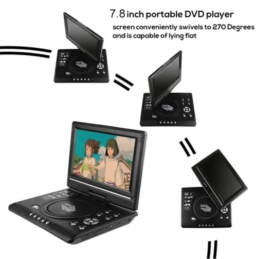 This 7.8-inch portable mobile DVD player features a flip-up rotating screen. It supports DVD and VCD discs for playback, and can also read USB audio and video files. It comes with built-in speakers and a game controller. It supports both home and car power supply. The button operation is simple, making it suitable for children's early education and learning, as well as for entertainment during travel. It comes with complete accessories and can be used right out of the box.