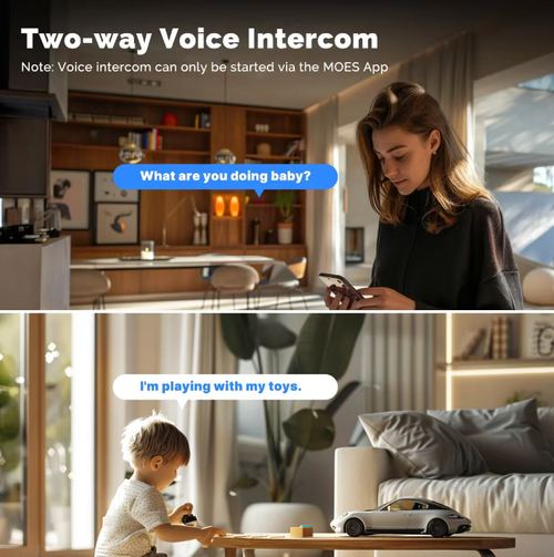 Indoor dual-camera WiFi intelligent surveillance camera, with dual lenses supporting three-screen display, pan-tilt rotation function, and full-color night vision. It features person detection alert, two-way voice communication, remote viewing of the screen via mobile phone, and can be placed or wall-mounted for installation. It is an intelligent surveillance device suitable for indoor home care and store security.