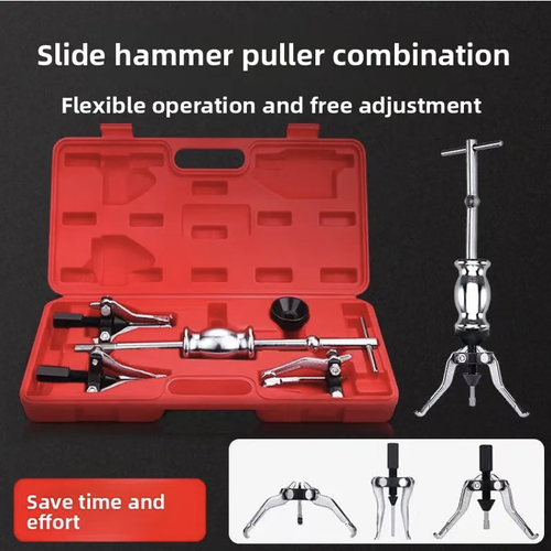 Five-piece screwdriver and puller tool set, suitable for disassembling inner and outer bearings and bushings. The steel is forged to be sturdy and durable. The sliding hammer structure distributes force evenly to prevent damage to parts. The puller heads on the inside and outside can be flexibly switched. The entire set is stored in a hard tool box, making it convenient and practical for auto repair and mechanical disassembly.