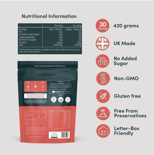 Collagen Glow Up Hydrolyzed Cow Collagen Powder contains 14,000mg of highly active collagen peptides per bag. It is purified through triple filtration and has a fine powder texture that is easy to dissolve and has no odor. Daily supplementation can deeply nourish the skin, strengthen hair and nails, and also protect joint health. It enables you to retain your youthful radiance while enjoying delicious foods, and radiate vitality from the inside out.