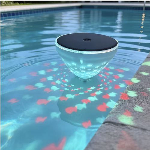 Solar-powered floating projection water-illuminating lamp, which can float on the water surface of a pool. It features IP waterproof sealing design. During the day, it automatically charges the solar energy, and at night, it automatically lights up. The colorful light patterns cycle and change. The hollow shell projects exquisite patterns, suitable for use in courtyards, fish ponds, and landscape water features. It can be installed without wiring and is durable outdoors.