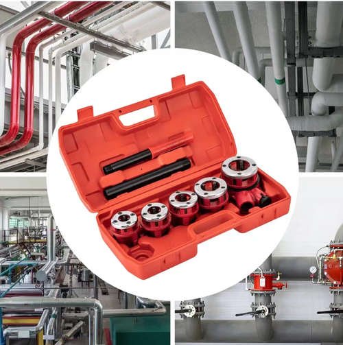Model 62 manual pipe threading set, containing 5 different size die heads, equipped with an operating handle and a plastic storage box. No electricity is required. It can be operated manually to thread pipes, suitable for regular steel pipes and galvanized pipes. It is suitable for water heating pipe installation and maintenance, and is convenient to carry and store. It is a commonly used manual tool for water heating pipe construction and maintenance.