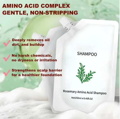 Rosemary Amino Acid Anti-Hair Loss Shampoo. Order today and get 4 bottles. Rosemary extracts clean the hair follicles. The amino acid surfactants are gentle on the scalp and do not irritate. After washing, the scalp feels refreshing, the hair roots are stable, hair loss decreases, the hair gaps narrow gradually. 4 bottles are enough to stock for half a year. Ideal for those with hair volume concerns. Easily washes out thick hair.