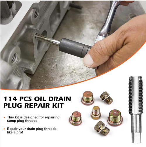 Auto Repair Essentials - 114-piece Set of Oil Pan Thread Repair Tools. Made of high-quality steel, these tools are easy to operate and feature convenient classification storage. They precisely solve the problems of thread slippage and damage in the oil pan, making them a professional tool for engine maintenance and auto repair operations.