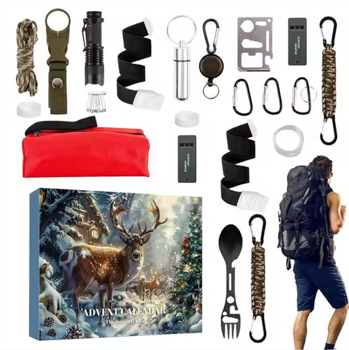 24-piece Set,Outdoor Survival Tool Box Set. 24 compartments, unlocking one practical equipment each day. It covers essential items for outdoor survival such as navigation, fire-making, and tools. The materials are tough and durable, suitable for various scenarios including camping, hiking, and urban emergencies. It is an excellent choice for outdoor enthusiasts as both an exploration treasure chest and a creative gift.