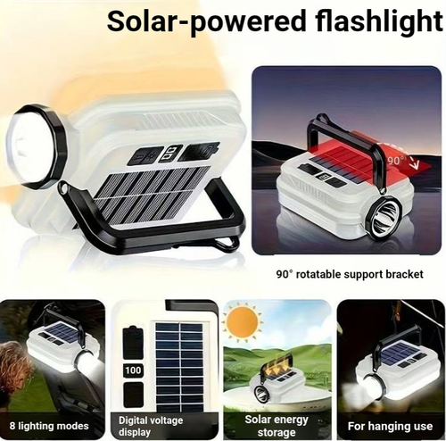 Solar multi-functional LED camping emergency light, equipped with a built-in solar panel for autonomous power storage, digital display of battery level, multiple lighting adjustment settings. Comes with a handle and hook, allowing for hand-held or hanging use. It can charge small devices for emergencies and is suitable for camping and home power outages. Pay attention to waterproofing and perform regular charging and maintenance when not in use.