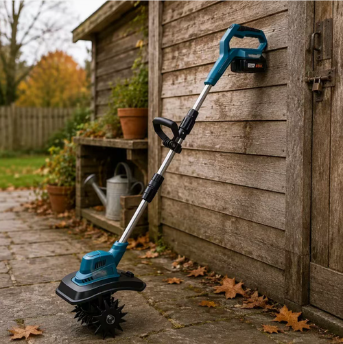 Lithium battery small micro-tilting plow, four manganese steel blades, thickened mud guard, with ventilation holes. The telescopic rod can be adjusted, the entire machine can be folded for storage. It is driven by wireless lithium battery. Suitable for turning and preparing soil in small garden vegetable plots. Before use, remove hard objects from the plot, take appropriate protective measures during operation, and clean the soil promptly after use.