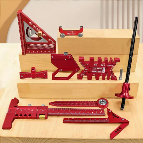 This multi-functional woodworking measuring tool set includes various professional tools such as a triangular ruler, marking gauge, and mortise and tenon gauge. It fully meets the needs of woodworking measurements and is made of high-precision aluminum alloy. It is also equipped with a portable storage box, making it an excellent tool for both professional woodworkers and DIY enthusiasts for precise work.