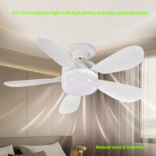 E27 screw-type five-blade fan lamp: One-rotation installation with no wiring or drilling required. Five blades provide natural and gentle airflow, with ultra-low noise during operation. Three-color temperature dimming + remote control for wind control lamp. It supports timing function. The fan and lighting are combined into one unit, saving space. Suitable for bedrooms, study rooms, etc. Ideal for small-sized rental properties.
