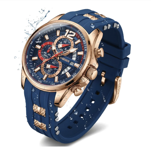 This three-hand six-needle quartz men's watch features a sport chronograph dial design, 3ATM deep water resistance, an accurate quartz movement with stable timekeeping, a skin-friendly silicone strap for comfortable wearing, and a blue-gold color contrast appearance that is highly stylish. It is suitable for various scenarios such as sports, business, and daily use, and is an all-round wristwatch that showcases the style of a stylish man.