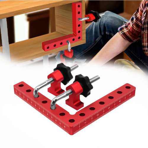 This woodworking clamping device is a great DIY helper for one person. The red aluminum L-shaped clamping board has markings and multiple holes to fit various sizes of workpieces. The knob can be tightened to lock the right angle firmly. It is suitable for storage boxes, shelves, photo frames, etc. The storage box can be returned to its original position without losing any parts, saving time and reducing waste. It enables you to easily complete neat work.