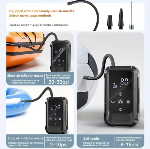 Portable vehicle-mounted wireless inflation pump, with high-definition digital display screen, capable of presetting tire pressure, and automatically stops when fully inflated. Supports dual power supply of lithium battery wireless and vehicle cigarette lighter, comes with a built-in lighting lamp, can be paired with multiple air nozzles, suitable for use in cars, balls, and inflatable products. Comes with a storage bag, suitable for emergency inflation during driving.