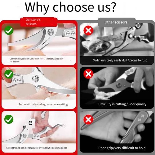If you place the order today, we will send you a total of 3 ergonomic handle kitchen multi-functional stainless steel bone-cutting knives. They are equipped with an automatic rebound function and a reinforced lever with anti-slip handles. It's easy to cut chicken bones. They are rust-proof, wear-resistant and won't become blunt easily. They can handle various heavy tasks in the kitchen, making food processing more efficient. It's a practical tool.