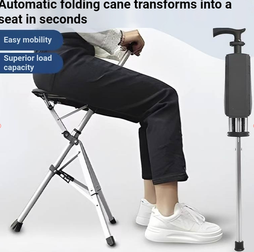 Portable folding walking stick, which can switch between the form of a walking stick and a seat. The frame is lightweight and comes with anti-slip foot pads. Once unfolded, it can be used as a temporary seat. When stored, it is slender and easy to carry. It is suitable for walking and short trips. When using, place it on a flat surface, lock the buckle before sitting down, and wipe and store it after use.