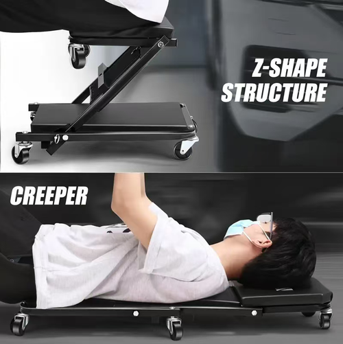 Essential for auto mechanics! A 36-inch foldable car repair bench with thick soft cushioned waist support, capable of supporting up to 330 pounds. It can instantly transform into a small wheel stool, with swivel wheels for smooth movement. It can be folded and stored without taking up much space. It's convenient for both lying and sitting during repairs, and makes it effortless to access the underside of the car without any discomfort.