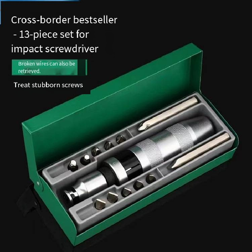 13-piece impact screwdriver: Made of chrome-vanadium steel, with multiple heads precisely adapted for various situations. It is capable of forcefully breaking rusted and stripped screws. It is an essential professional tool for repairing stubborn screws and is a must-have efficient tool for both home and automotive repair scenarios.