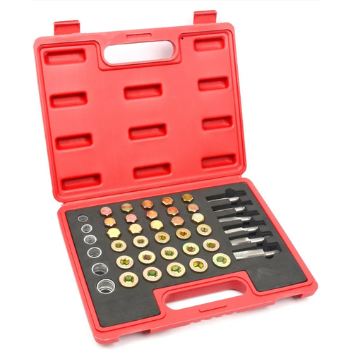 Auto Repair Essentials - 114-piece Set of Oil Pan Thread Repair Tools. Made of high-quality steel, these tools are easy to operate and feature convenient classification storage. They precisely solve the problems of thread slippage and damage in the oil pan, making them a professional tool for engine maintenance and auto repair operations.