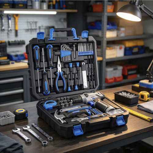 This 128-piece household tool set comes with a rechargeable electric drill and a variety of manual repair tools, including hammers, tape measures, wrenches, socket bits, and other accessories. It is stored in a hard carrying case, with neatly arranged compartments for easy portability. It is suitable for home repair scenarios such as furniture assembly, wall drilling, and door and window maintenance.