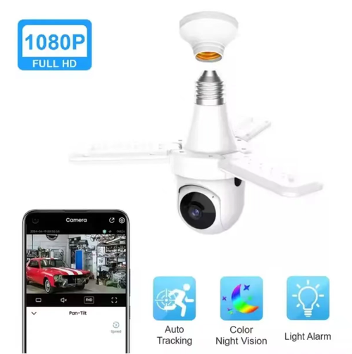 Fan-style bulb camera, 1080P full HD + full-color night vision, 360° panoramic without blind spots. Two-way audio remote communication. Wireless lighting ready to use upon installation. Also equipped with a silent fan. One-click control via mobile app. Integrated functions for security, lighting, and ventilation. Choose this for smart home protection.
