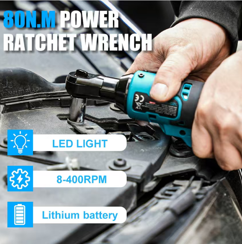 This wireless lithium battery ratchet wrench features a 90-degree elbow design, making it suitable for operations in confined spaces. It supports forward and reverse rotation switching and can be paired with multiple-sized sockets for quick disassembly and assembly of bolts. The entire set includes a battery, charger, and tool storage box. The handle is anti-slip, making it suitable for auto repair and equipment maintenance. It avoids prolonged overload during the operation.