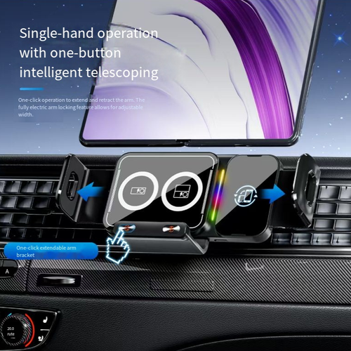 This wireless charging stand is compatible with all models, with the gravity-sensing arm automatically tightening. It remains stable even during sudden braking or jolts. It can be extended and retracted with one hand with a single click. It can switch between portrait and landscape modes with a single click. The wireless fast charging is line-free. The foldable screen can also be securely adapted and fastened. It is convenient and tidy to use for commuting and driving.