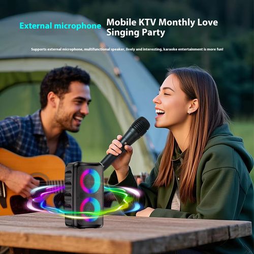 Party atmosphere booster! This Bluetooth speaker features dual 5W speakers + surround sound. Listening to music feels like being in the actual venue. It comes with a microphone + a rotating phone stand, allowing you to start singing at any time. The colorful lights dance along with the rhythm, making it a must-have for night events. It is shockproof, water-resistant, and has a 8-hour battery life. It is suitable for picnics, camping, and family parties.