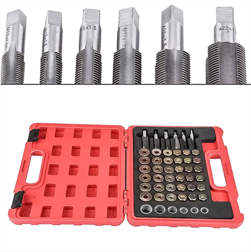 Auto Repair Essentials - 114-piece Set of Oil Pan Thread Repair Tools. Made of high-quality steel, these tools are easy to operate and feature convenient classification storage. They precisely solve the problems of thread slippage and damage in the oil pan, making them a professional tool for engine maintenance and auto repair operations.
