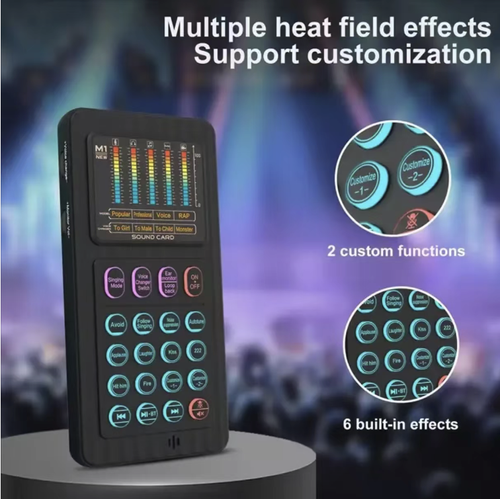 This handheld portable live sound card is compatible with both mobile phones and computers. It can trigger a large number of sound effects with just one click. It has Bluetooth wireless connection and is portable and easy to carry. It is compatible with multiple modes for various scenarios such as singing, live promotion, and live streaming. It has noise reduction and clear professional-grade sound quality. It is an all-in-one audio tool for both hosts and karaoke enthusiasts.
