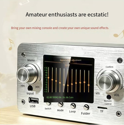A high-end lossless music player with an aluminum body featuring excellent texture. The color screen can display lyrics and track names, supports decoding of various lossless formats, and has a delicate and clear sound quality. It has dual inputs via USB and TF card, adjustable multiple playback modes, and can be controlled by a knob and remote control. It can be connected to an audio system and is very suitable for home listening.