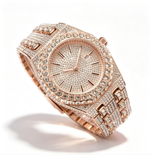 This trendy quartz watch features an octagonal dial adorned with full diamonds, presenting a magnificent and eye-catching appearance. It is equipped with a metal band that can be adjusted in length, and the dial has a date window. The quartz movement ensures stable timekeeping. It is suitable for daily or social occasions. When wearing it, be careful to avoid bumps and water exposure. It is a wristwatch that combines both appearance quality and practicality.