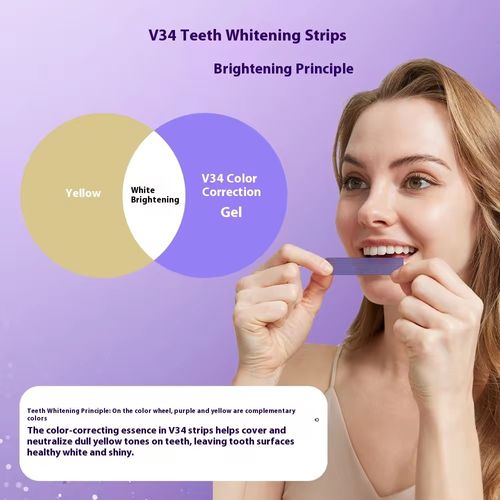 The gentle and protective purple film whitening toothpaste: It can quickly remove yellow spots within 30 minutes and won't cause tooth sensitivity! It contains V34 color correction essence glycerin for gum care, and includes 14 sets of complete care kits. Order today and you will receive 3 boxes, totaling 84 strips, covering the entire care cycle. It can transform tea stains, coffee stains, and naturally yellow teeth into healthy, bright, and white teeth.