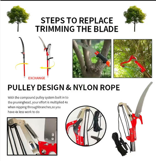 High-altitude pruning saw set, with 8 sections of insulated telescopic rods that can extend up to 8.23 meters. Equipped with Teflon-coated pruning shears and thickened saw blades, the force-saving pulley system makes operation easier. The blade head can be quickly switched. It is safe and efficient for pruning tall branches. It is portable and convenient for storage. It is a professional tool for gardening and orchard pruning.