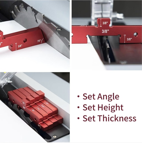 A set of 14 aluminum alloy table saw woodworking gauges, including depth limiters and multi-angle beveling rulers. The laser markings are clear, durable and wear-resistant. It is compatible with table saw edge finishing machines, allowing for precise control of cutting thickness and beveling angles. It is suitable for use in home improvement workshops for woodworking material cutting and slotting, reducing the need for rework of wood materials.