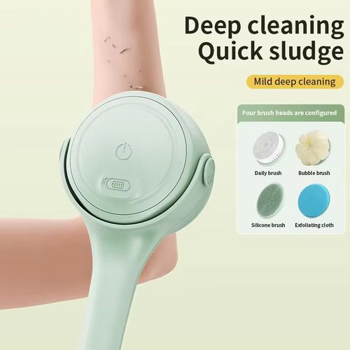 Multi-brush all-scenario compatible electric shower brush: 180° rotating long handle covering the back, joints, dead area. Electric deep cleaning system. 5 functions of brush heads (daily cleaning, gentle facial cleansing, soothing massage, exfoliation management, deep skin cleansing). Oil removal and dust removal. Relieves body fatigue. An efficient home tool that covers all aspects of bathing, cleaning and care for the entire body in one package.