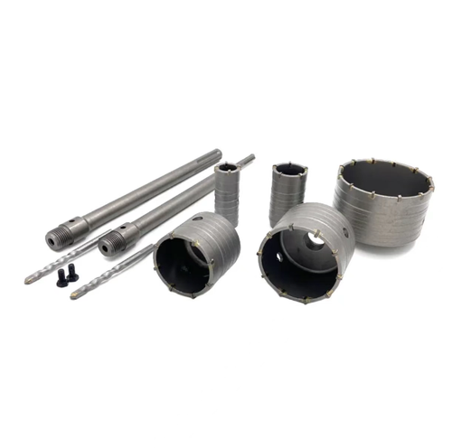 9-piece wall hole drilling bit set, equipped with various-sized hole heads, extension rods and positioning drills. It is stored in a portable toolbox and is suitable for drilling holes in brick walls and cement walls. It is used for drilling holes for air conditioners and pipelines. When used with an electric hammer, avoid hitting the steel bars in the wall. After use, clean up the debris and store it dry.
