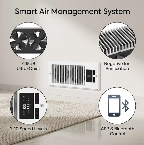 This small wall-mounted bidirectional booster ventilation fan features a pure white, minimalist design that is moisture-proof and durable. It has two fans with high air volume for both exhaust and intake purposes. The digital display touchscreen is combined with remote control operation, allowing for adjustable speeds in multiple settings. It is a practical appliance for ventilation and air exchange in small living spaces.
