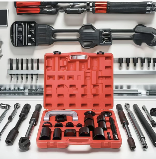 This 25-piece European-style multi-functional ball head wrench is made with a high-strength forged C-shaped structure. It is equipped with full-sized disassembly cups and adapters, enabling efficient disassembly and assembly of ball heads, C-type joints, and four-wheel drive components. It is sturdy, portable, and easy to store, making it a professional and reliable tool for automotive repair and chassis maintenance.