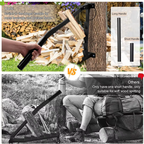 Manual wood splitter, a labor-saving tool for preparing firewood. Lever + adjustable handle design. Just press down to split wood, 80% more efficient than a hammer. Slot + lock for anti-slip rebound. Suitable for both beginners and experts. Reinforced metal, durable and sturdy. Foldable and wall-mounted, portable and doesn't take up space. Transform splitting wood from a tiring task to an easy one.