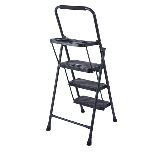 The household three-step folding ladder features a thick steel pipe triangular support structure that is stable. It comes with a tool tray for convenient operation. Anti-slip widened steps + anti-slip foot pads ensure safe climbing without slipping. It can be folded for storage without taking up space. It is a practical climbing tool for household tasks such as fetching items, cleaning, and maintenance.