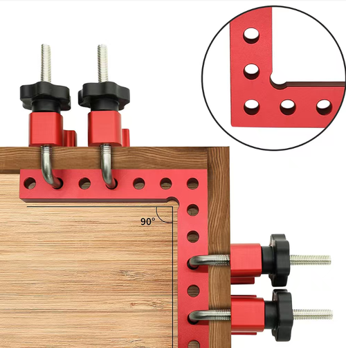This woodworking clamping device is a great DIY helper for one person. The red aluminum L-shaped clamping board has markings and multiple holes to fit various sizes of workpieces. The knob can be tightened to lock the right angle firmly. It is suitable for storage boxes, shelves, photo frames, etc. The storage box can be returned to its original position without losing any parts, saving time and reducing waste. It enables you to easily complete neat work.