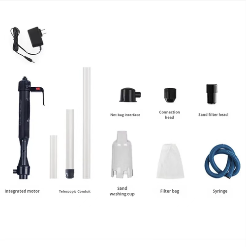 Electric aquarium gravel cleaner, supporting functions of sand washing, dirt suction and water replacement. Equipped with telescopic tubes and various replacement connectors, suitable for different aquariums. The water flow is smooth, reducing disturbance to the fish. The filter bag can be disassembled and washed. The assembly is simple and labor-saving. It is convenient for cleaning fish feces and leftover food at the bottom of the tank, suitable for daily aquarium maintenance.