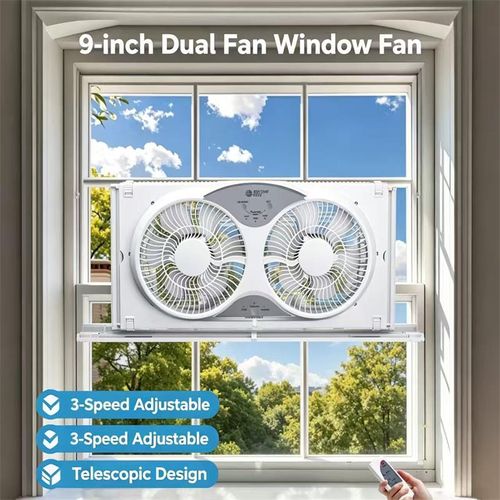 测试Household 9-Inch Retractable Double Window Fan, 3-speed adjustable, three modes cool exhaust circulation, dual air outlets for efficient ventilation, adjustable side fits most window frames, with remote control, no punch installation, perfect ventilation solution for bedroom kitchen bathroom, odor removal and air renewal, must-have for renters, operates quietly without disturbing life, quickly improves indoor stuffiness and humidity, enhances home air quality.