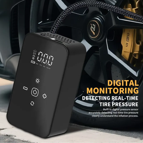 This mini car-mounted wireless inflation pump features a digital display and lighting. It can preset tire pressure and automatically stops when it reaches the target value. It comes with multiple air nozzles, which can be used for inflating tires, balls, etc. It is equipped with a charging cable and a storage bag. It is small and portable, suitable for emergency tire inflation during travel. It adds convenience to your journey.