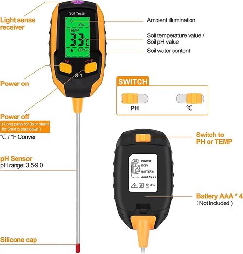The four-in-one soil detector can measure light, humidity, pH value and temperature. The data is clear and intuitive. The operation is simple and portable, suitable for scenarios such as home gardening, vegetable cultivation, and agricultural production. It helps to precisely control the soil condition and is an intelligent manager for plant growth and a powerful assistant for gardening and planting.