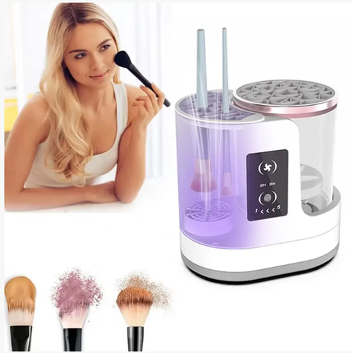 Lazyman Electric Makeup Brush Cleaning and Drying Machine. Press the button to start, it takes only 5 minutes to complete washing + spin-drying + drying. Rotate it in both directions to remove foundation residue. The 245W hot air dries quickly without clumping. It has 5 interfaces to fit all types of brushes. Wash multiple brushes at once, separate dry and wet parts to prevent mold. Dirty brushes from binge-watching shows become new and clean for makeup application!