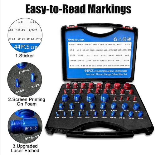 44-piece bolt and nut thread inspection tool set: A precise matching tool, including 21 bolts + 21 nut thread gauges, covering common metric and imperial specifications. It offers efficient and accurate detection. Made of high-hardness material, the box cover is equipped with a specification table, and the compartments have card slots for storage. Say goodbye to thread mismatch, saving time and preventing rework.