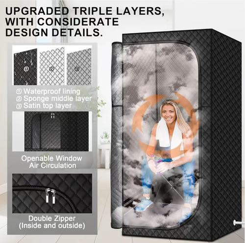 Portable folding sauna room, with a three-layer temperature-locking structure that heats up quickly and retains heat for a long time. It features an openable and breathable window and a double zipper design for comfort. It comes with folding chairs for comfortable sitting and lying. It can be folded and stored without taking up much space, ensuring privacy and hygiene. It is easy to operate and allows you to get rid of fatigue and dampness at home.