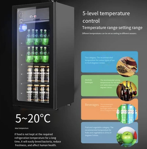 This home single-door transparent glass wine cooler cabinet is equipped with a 5~20℃ gradient temperature control, suitable for different storage and preservation needs of red wine, beverages, tea, fruits and vegetables, etc. The high-efficiency compressor cools quickly and operates quietly. The panoramic glass door combines display and preservation functions. The layered storage is orderly, making it an ideal choice for home storage and style display.
