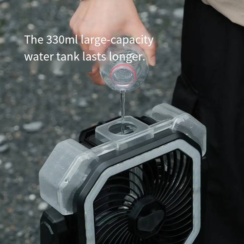 An outdoor multi-functional camping charging fan with a telescopic tripod stand that can be hung or placed horizontally. It can adjust the wind direction in 360°. It comes with a circular camping lamp, wireless remote control for timing, a large-capacity battery for long-lasting power, and supports reverse charging for USB phones. It is an indispensable multi-functional portable fan for outdoor activities in summer.