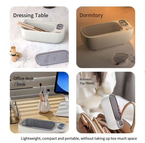 Ultrasonic cleaning machine! It can clean dirt in crevices in just 3 minutes, 10 times faster than hand washing. It can clean glasses, jewelry, and braces. With one button start, it operates fully automatically. Just add water and place the items, and wait for them to be cleaned. After cleaning, they look brand new. All fingerprints and oil stains are removed. It runs quietly without disturbing. No need for detergent, and it's still clean. The physical vibration leaves no residue.